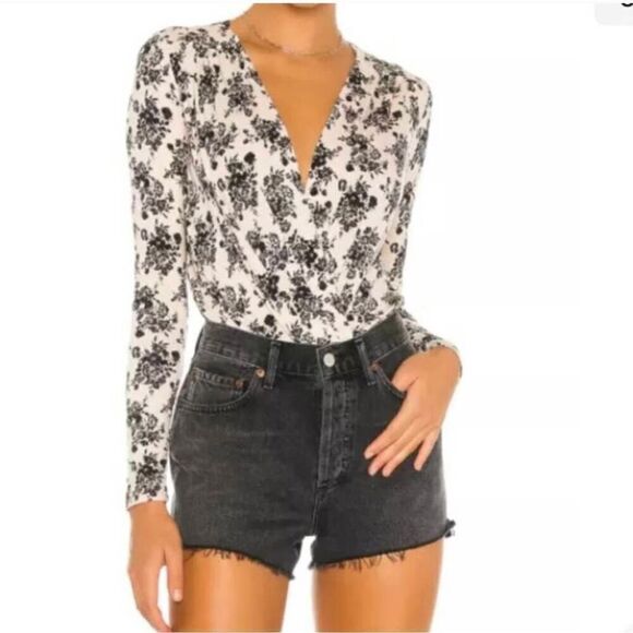 Free People Tops - Free People Turnt Bodysuit Cream And Black Floral Womens XS Stretch Crossover Vi